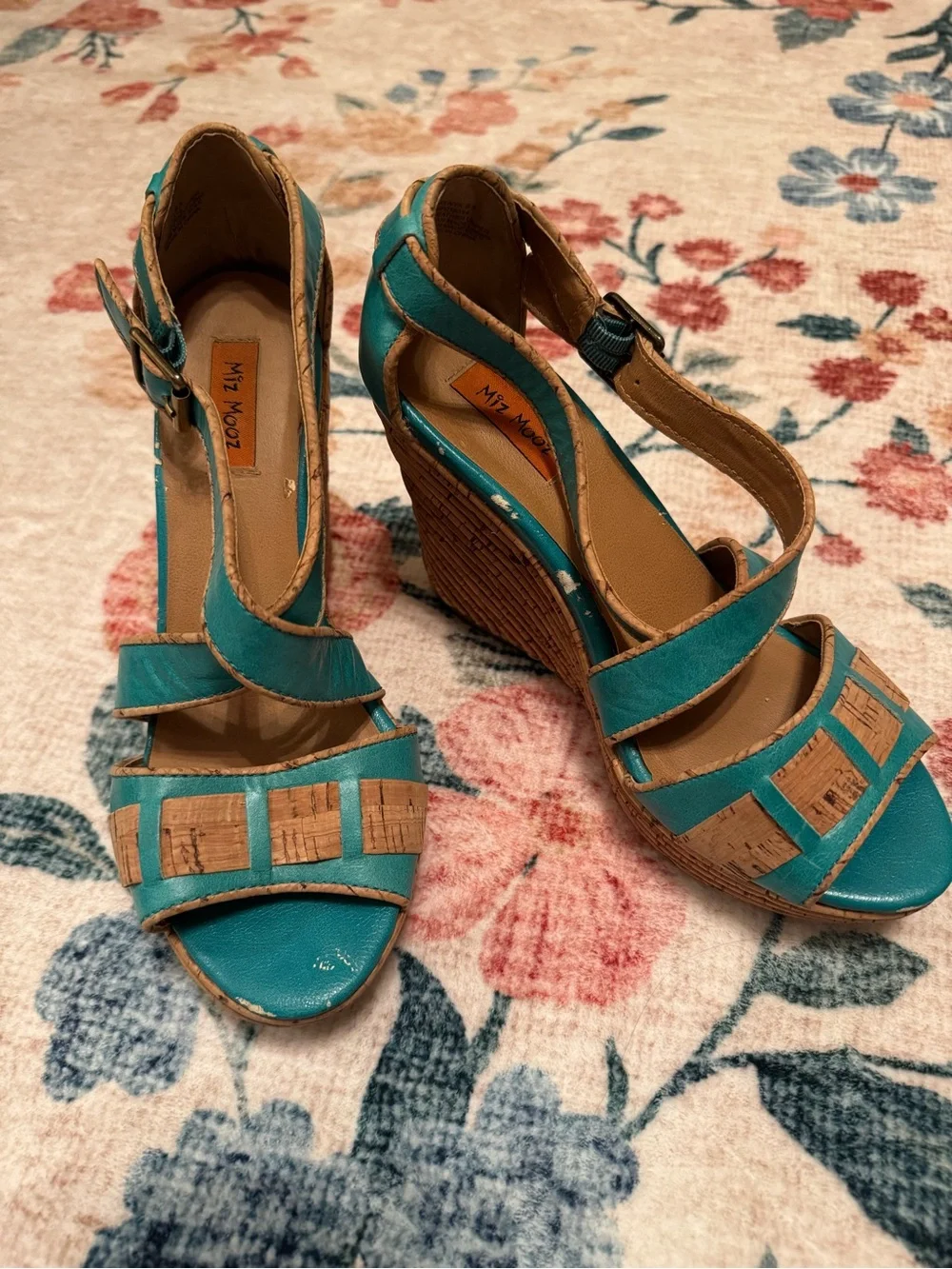 Miz Mooz Teal and Cork Wedge Sandals